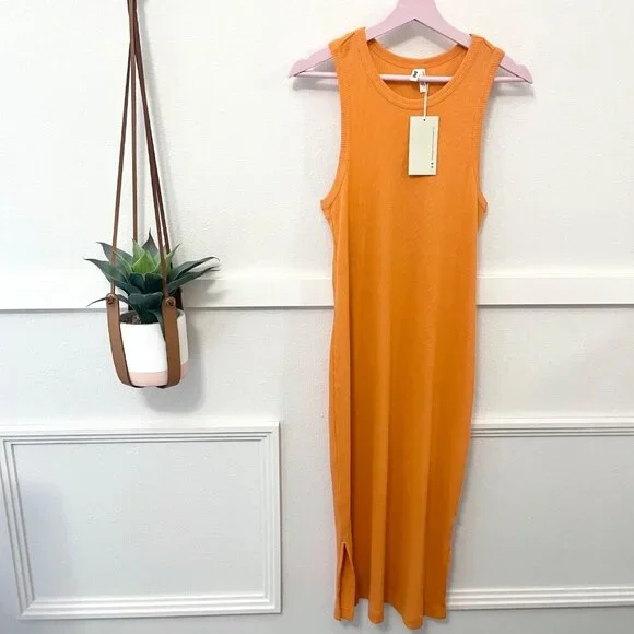 orange racerback dress WOMEN'S RACERBACK DRESS SCOOP NECK SLEEVELESS HIGH-LOW HEM SOLID ORANGE SMALL